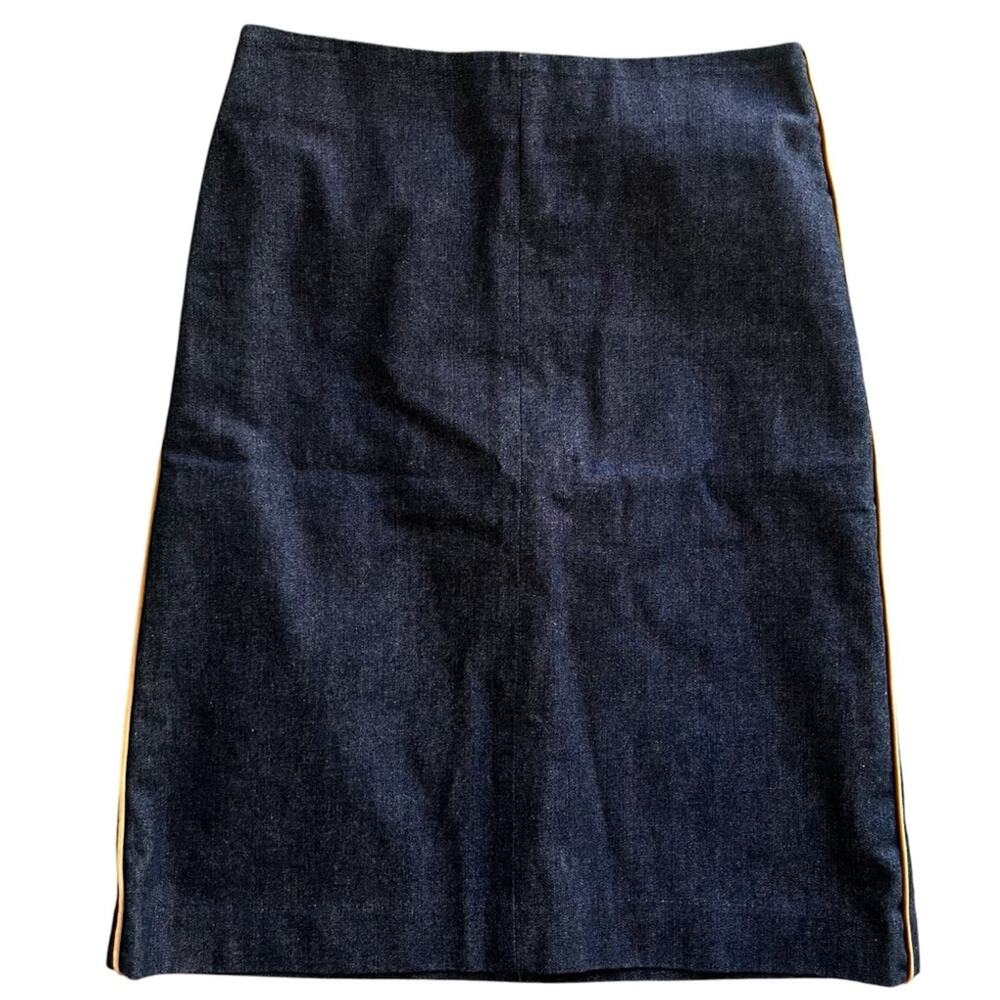 Y2K GAP dark denim midi skirt tan piping belt loops womens size 2